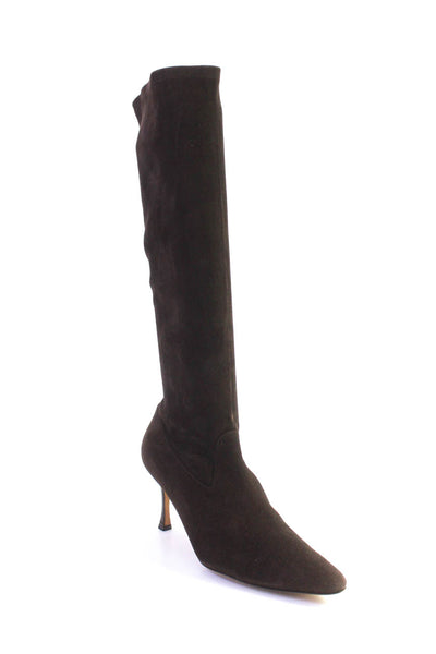 Manolo Blahnik Womens Suede Pointed Toe Kitten Heel Pull-On Boots Brown Size 9.5