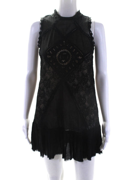 Free People Womens Semi Sheer Lace Trim Sleeveless Mini Dress Black Size XS