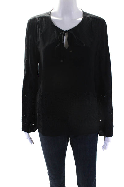 Drew Womens Embroidered Eyelet Cut Out Long Sleeve Blouse Top Black Size S