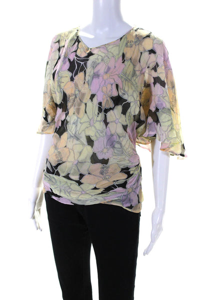 Luca Luca Womens Silk Woven V-Neck Floral Short Sleeve Blouse Top Yellow Size 46