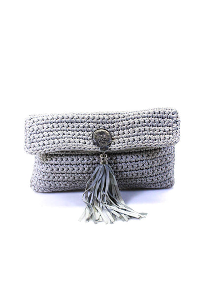 Creation Exclusive Womens Leather Tassel Crochet Flap Clutch Handbag Gray