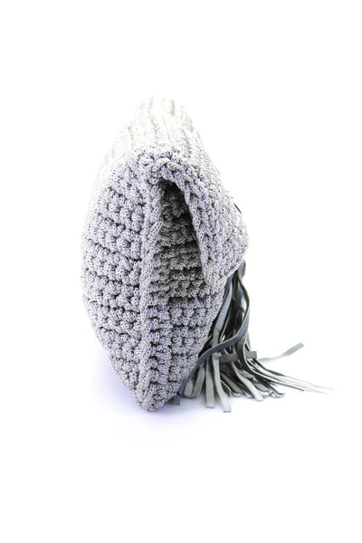 Creation Exclusive Womens Leather Tassel Crochet Flap Clutch Handbag Gray
