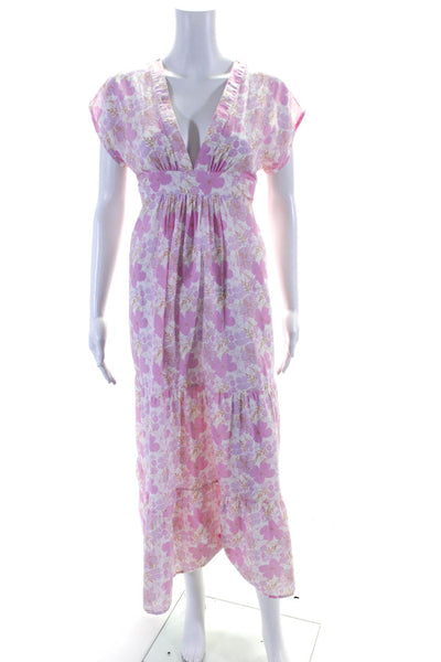 Sunny Womens Short Sleeve V Neck Belted Floral Maxi Dress White Pink Size 0