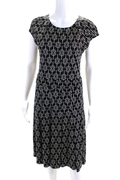 Tory Burch Women's Abstract Print Short Sleeve Midi Shift Dress Black Size M