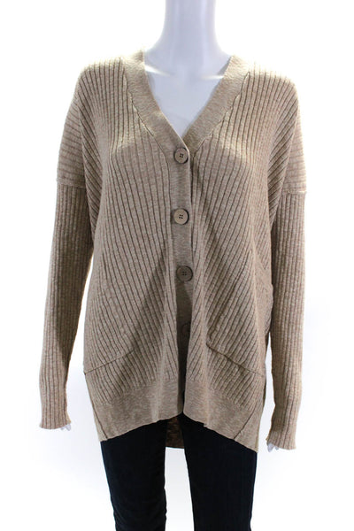 FP Beach Women's V-Neck Button Down Ribbed Knit Cardigan Beige Size M