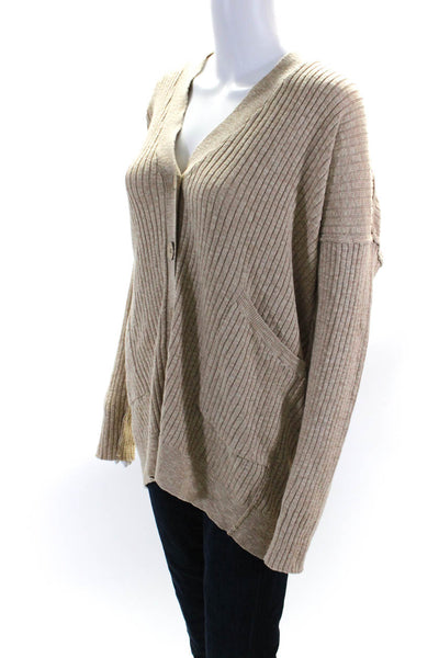 FP Beach Women's V-Neck Button Down Ribbed Knit Cardigan Beige Size M