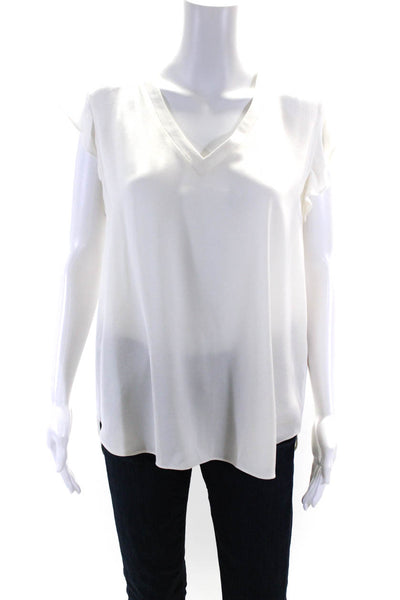 Kate Spade Women's V-Neck Ruffle Short Sleeve Blouse White Size L