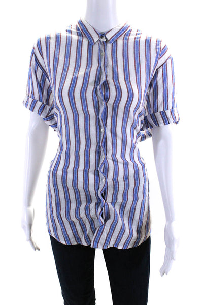 Xirena Womens Striped Cuffed Short Sleeved Button Down Shirt Blue White Size L