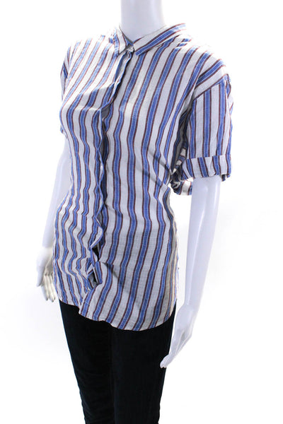 Xirena Womens Striped Cuffed Short Sleeved Button Down Shirt Blue White Size L