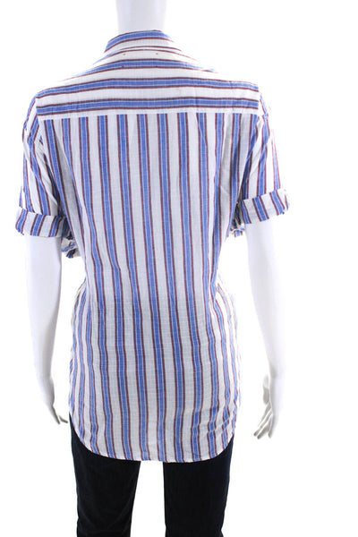 Xirena Womens Striped Cuffed Short Sleeved Button Down Shirt Blue White Size L