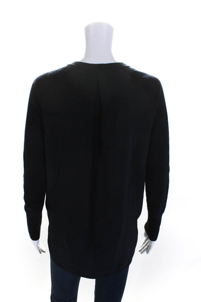 Vince Womens Tight Knit Silk Paneled V Neck Long Sleeved Sweater Blue Size XS