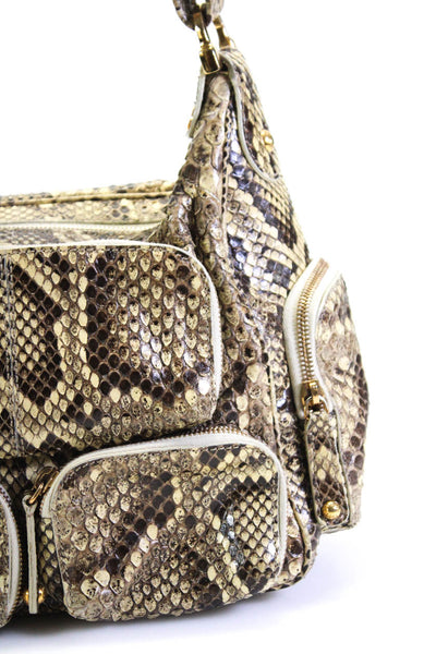 Tods Womens Snakeskin Gold Tone Zip Top Shoulder Bag Beige Medium Handbag