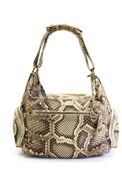 Tods Womens Snakeskin Gold Tone Zip Top Shoulder Bag Beige Medium Handbag
