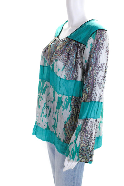 Etro Womens Teal Cotton Printed V-Neck Long Sleeve Tunic Blouse Top Size 42