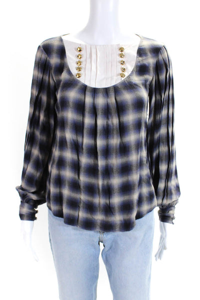 3.1 Phillip Lim Womens Purple Plaid Boat Neck Long Sleeve Blouse Top Size 0