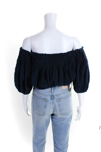 We The Free Womens Cotton Smocked Off The Shoulder Cropped Top Navy Blue Size XS