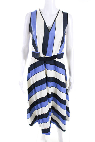 Piazza Sempione Womens Blue Striped V-Neck Belt Sleeveless Shift Dress Size 46