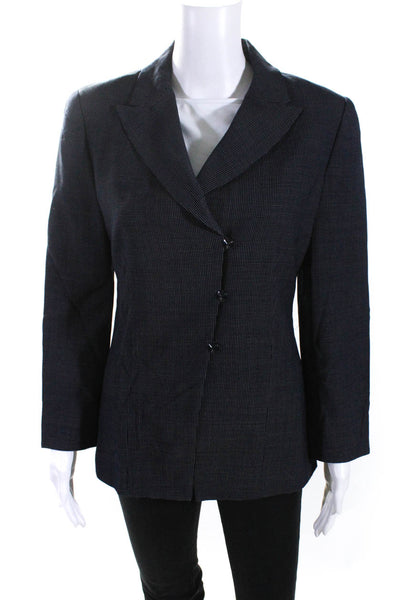 Carlisle Womens Micro Check Button Up Blazer Jacket Navy Blue Wool Size 4