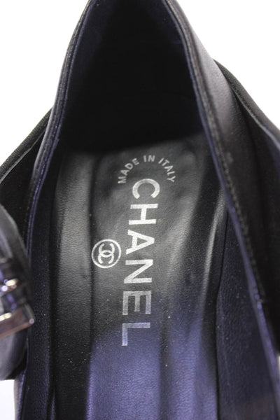 Chanel Womens Leather Metallic Round Toe Mary Jane Heels Black Size 39.5 9.5