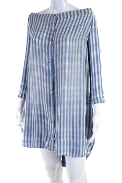 Bella Dahl Women's Off The Shoulder Button Down Blue Stripe Mini Dress Size L