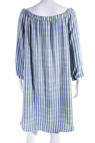 Bella Dahl Women's Off The Shoulder Button Down Blue Stripe Mini Dress Size L
