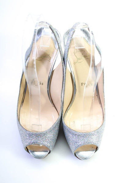 Christian Louboutin Womens Silver Peep Tie Slingbacks Platform Shoes Size 6.5