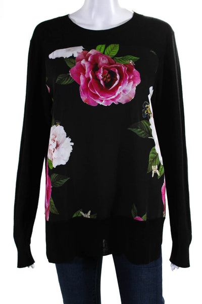 Ted Baker London Womens Floral Print Crew Neck Sweater Black Pink Size Small