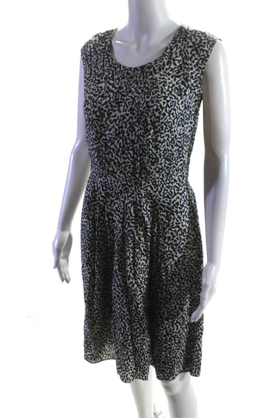 Barneys NY Womens Pleated Crew Neck Sleeveless A Line Dress Blue White Small