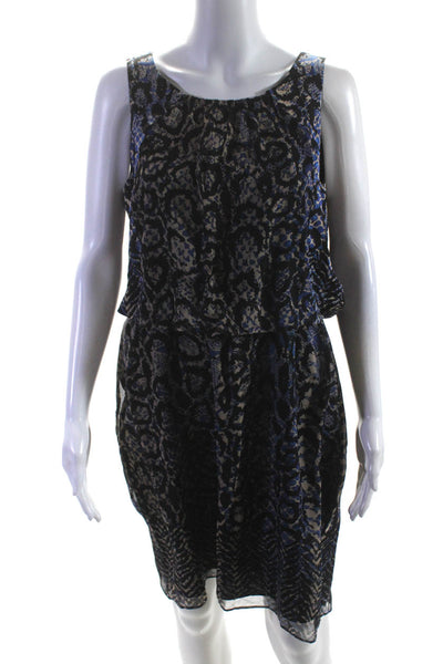Tibi Womens Printed Chiffon Sleeveless Sheath Dress Black Blue Beige Size 4