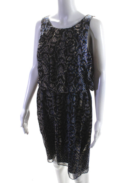 Tibi Womens Printed Chiffon Sleeveless Sheath Dress Black Blue Beige Size 4