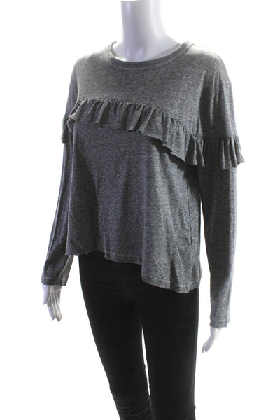 The Great Women's Round Neck Long Sleeves Ruffle Blouse Gray Size 0