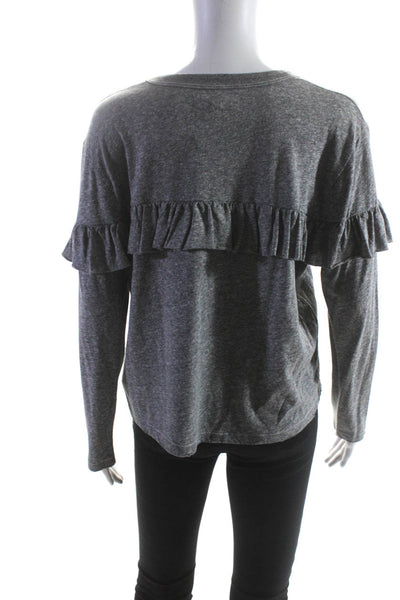 The Great Women's Round Neck Long Sleeves Ruffle Blouse Gray Size 0