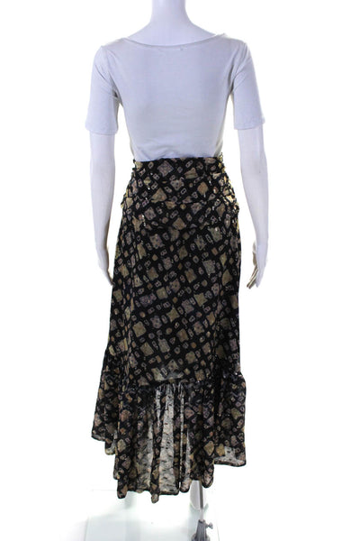 Ulla Johnson Womens Black Brown Silk Abstract Print Ruffle Hi-Low Skirt Size 6