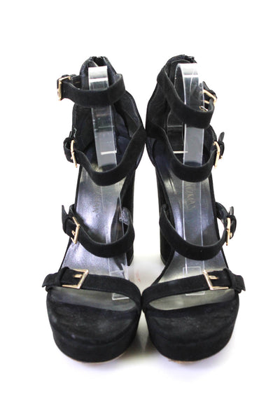 Stuart Weitzman Womens Black Suede Ankle Strap Platform Heels Shoes Size 9.5