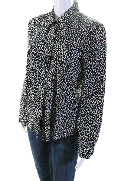 Theory Womens Silk Leopard Print Collared Button Down Shirt White Black Size M