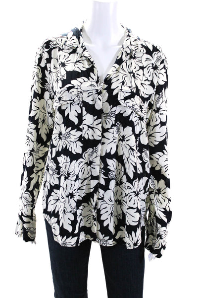 Mikoh Womens Floral Long Sleeved Collared Button Down Shirt White Black Size 1