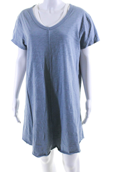 Leallo Womens Short Sleeve Layered V Neck Tee Shirt Dress Blue White Size Large