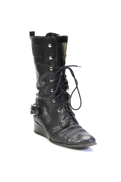 Michael Kors Womens Black Round Toe Lace Up Mid-Calf Wedge Boots Black Size 9M