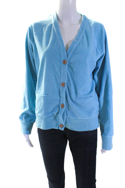 Kerri Rosenthal Womens Cotton Embroidered V-Neck Cardigan Sweater Blue Size L