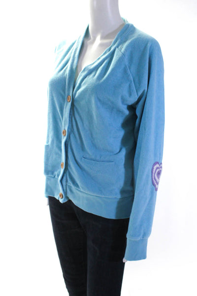 Kerri Rosenthal Womens Cotton Embroidered V-Neck Cardigan Sweater Blue Size L