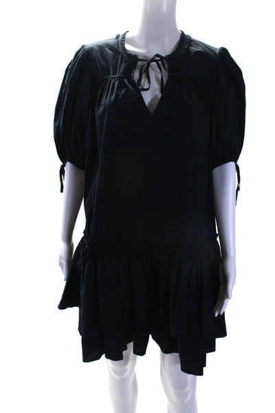 Cinq A Sept Womens Cotton Woven Short Puff Sleeve A-Line Dress Black Size L