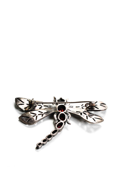 Designer Womens Sterling Silver Marcasite Garnet Dragonfly Brooch Pin 11g 2.4"