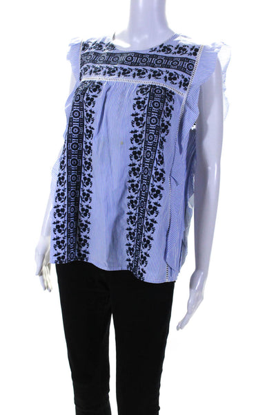 Veronica Beard Women's Cotton Striped Embroidered Ruffle Blouse Blue Size 12
