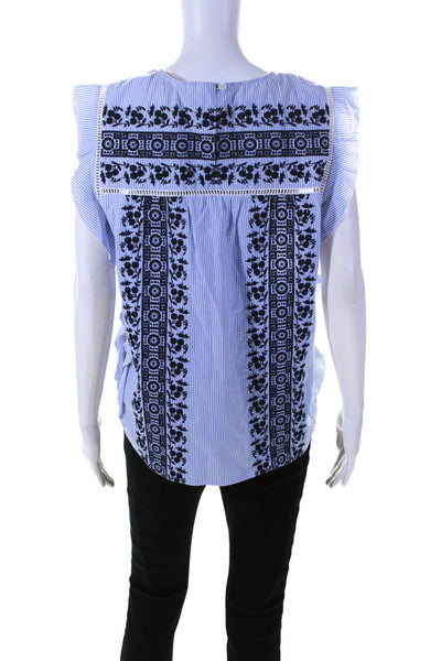 Veronica Beard Women's Cotton Striped Embroidered Ruffle Blouse Blue Size 12