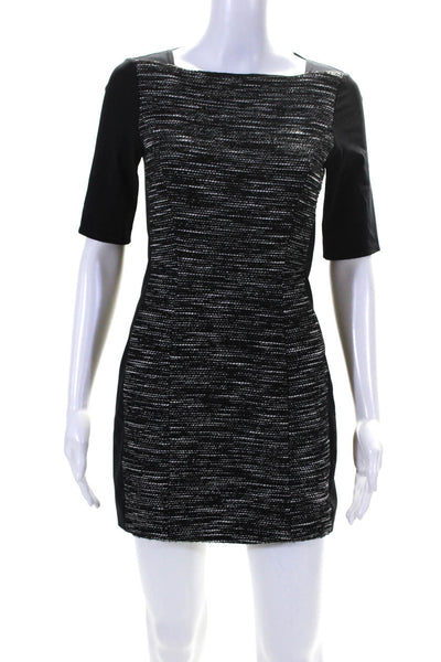 Tibi Womens Square Neck Woven Half Sleeved Short A Line Dress Black White Size 0