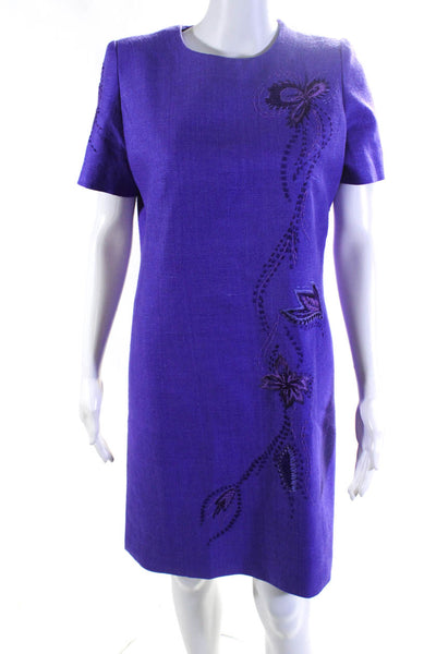 Nina Raynor Womens Silk Embroidered Short Sleeves Shift Dress Purple Size 6