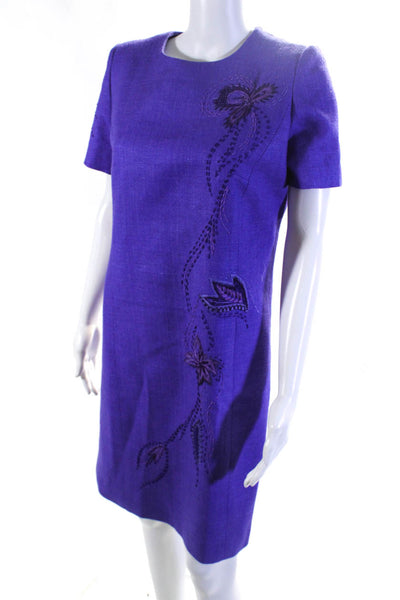 Nina Raynor Womens Silk Embroidered Short Sleeves Shift Dress Purple Size 6