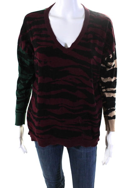 Caryn Vallone Womens Cotton Animal Print V-Neck Sweater Top Multicolor Size S