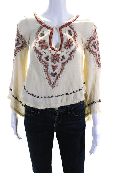 Free People Women's V-Neck Long Sleeves Embroidered Cropped Blouse Beige Size XS