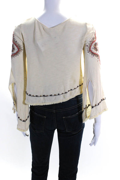 Free People Women's V-Neck Long Sleeves Embroidered Cropped Blouse Beige Size XS